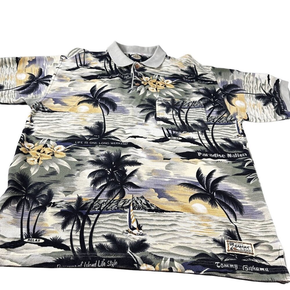 Tommy Bahama Aloha Tropic Polo Mens Coconut Tree Hawaiian Cotton Vintage Classic